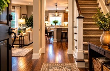 Welcoming home entryway with hardwood floors, carpeted staircase, and cozy living room.