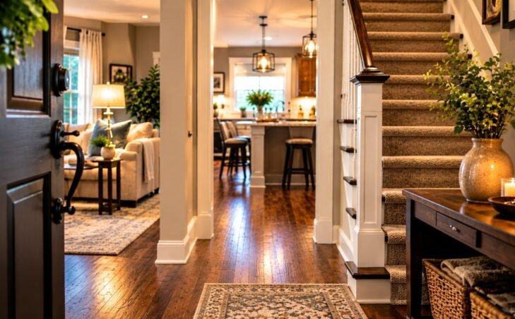 Welcoming home entryway with hardwood floors, carpeted staircase, and cozy living room.