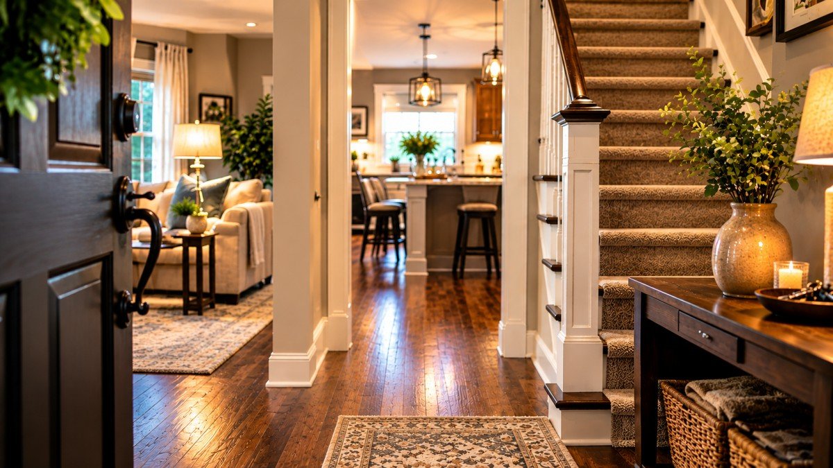 Welcoming home entryway with hardwood floors, carpeted staircase, and cozy living room.