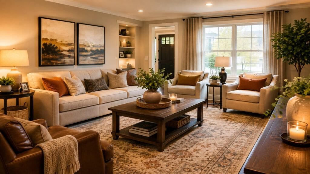Cozy modern living room with neutral furniture, wooden coffee table, and warm ambient lighting.