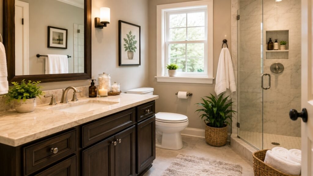 Modern bathroom with double vanity, glass walk-in shower, marble finishes, and natural light.