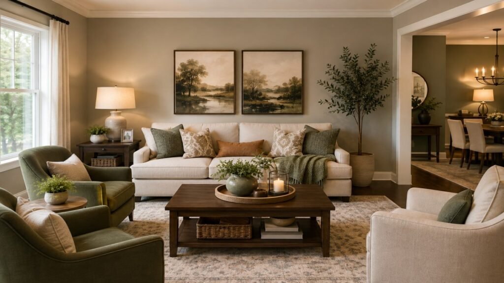 Elegant living room with neutral seating, wooden coffee table, framed artwork, and warm lighting.