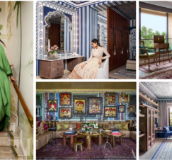 A woman in a green dress on a staircase beside four luxurious, ornate interiors.