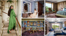 A woman in a green dress on a staircase beside four luxurious, ornate interiors.