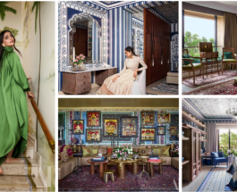 A woman in a green dress on a staircase beside four luxurious, ornate interiors.