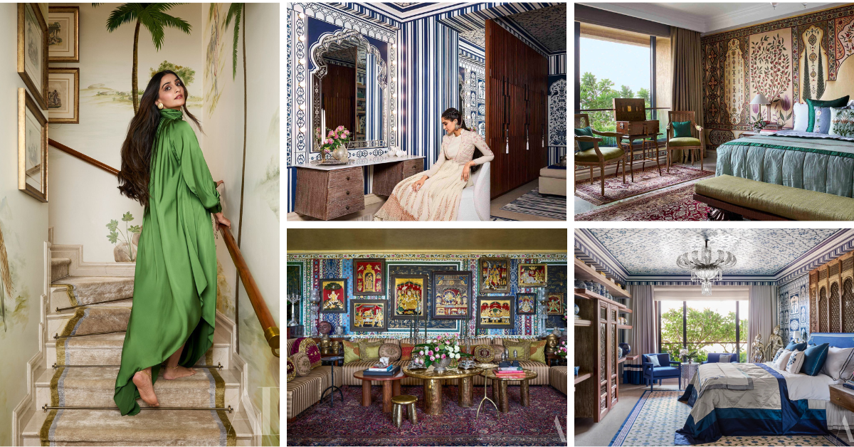A woman in a green dress on a staircase beside four luxurious, ornate interiors.