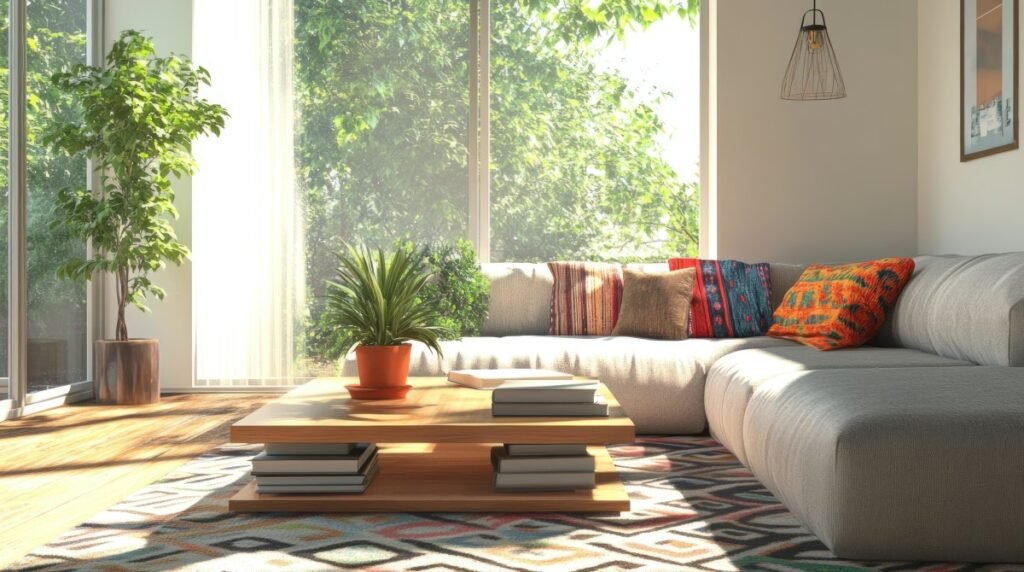 Sunlit modern living room with indoor plants and a cozy sofa.