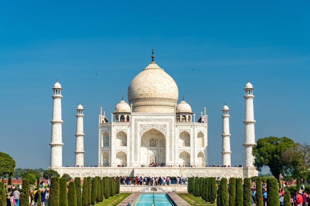 Taj Mahal with Mughal architecture and landscaped gardens.