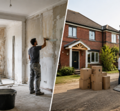 Home renovation and moving: workers plastering walls and loading boxes into a truck.