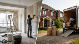 Home renovation and moving: workers plastering walls and loading boxes into a truck.