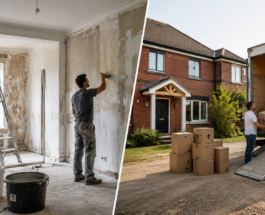 Home renovation and moving: workers plastering walls and loading boxes into a truck.