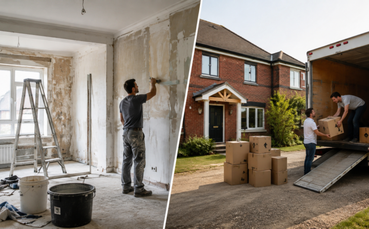 Home renovation and moving: workers plastering walls and loading boxes into a truck.