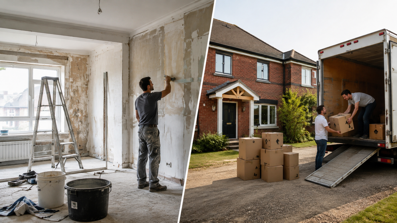 Home renovation and moving: workers plastering walls and loading boxes into a truck.