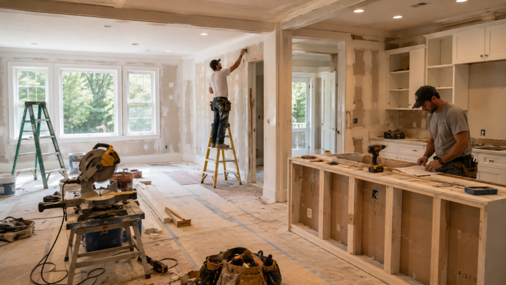 Home renovation in progress with workers installing and finishing a kitchen.