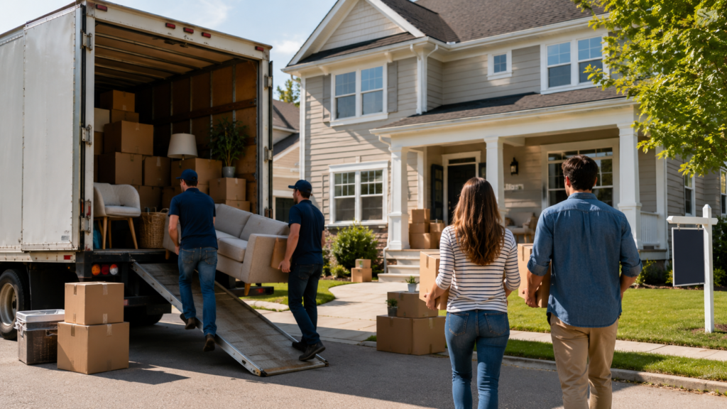 Moving crew unloading boxes and furniture from a truck at a new home.