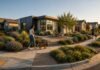 Modern suburban home with landscaped garden and people walking a dog.