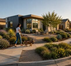 Modern suburban home with landscaped garden and people walking a dog.
