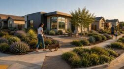 Modern suburban home with landscaped garden and people walking a dog.