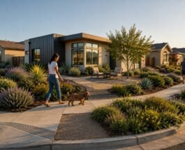 Modern suburban home with landscaped garden and people walking a dog.