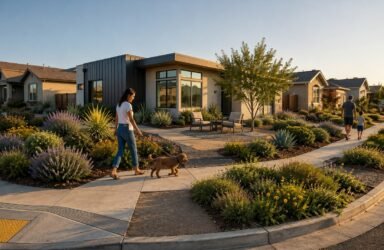 Modern suburban home with landscaped garden and people walking a dog.