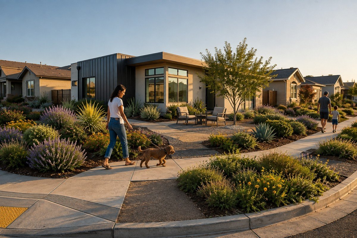 Modern suburban home with landscaped garden and people walking a dog.