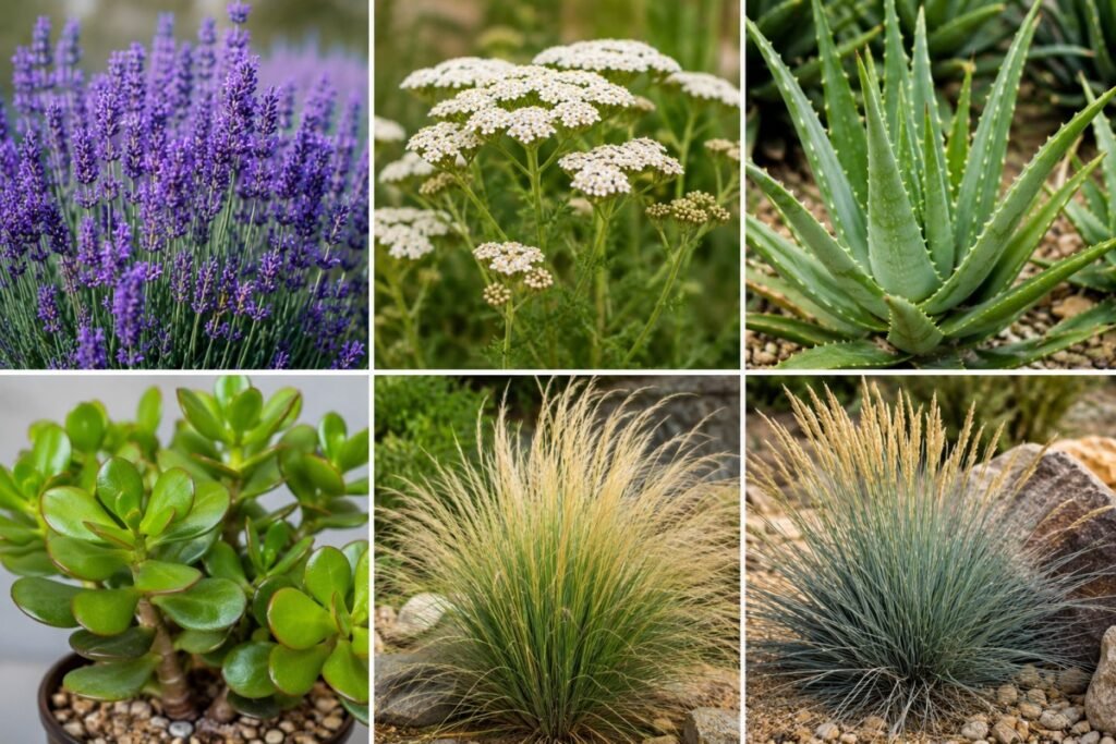 Collage of drought-tolerant plants including lavender, yarrow, aloe vera, jade, and ornamental grasses.