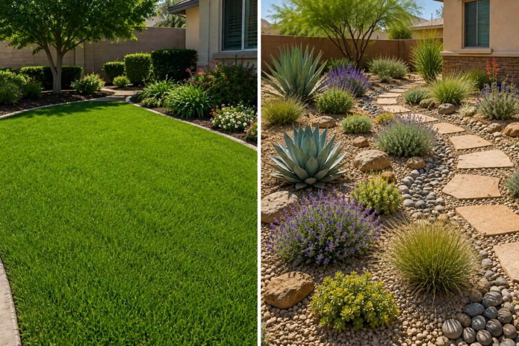 Turfgrass lawn beside a drought-tolerant xeriscape garden.