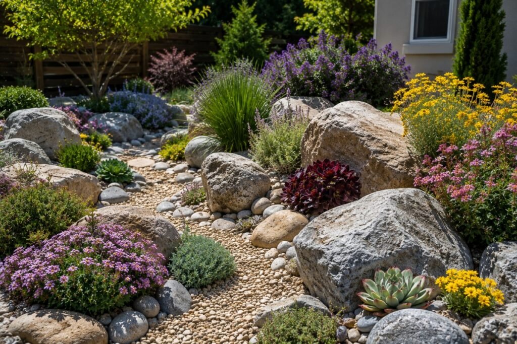 Rock garden with boulders, gravel, succulents, and colorful drought-tolerant plants.