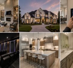Collage of luxury home features including spacious rooms, smart technology, a private cinema, large kitchen island, and builder-grade finishes.