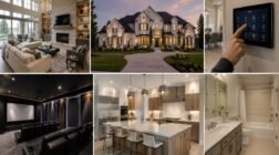 Collage of luxury home features including spacious rooms, smart technology, a private cinema, large kitchen island, and builder-grade finishes.