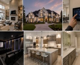 Collage of luxury home features including spacious rooms, smart technology, a private cinema, large kitchen island, and builder-grade finishes.