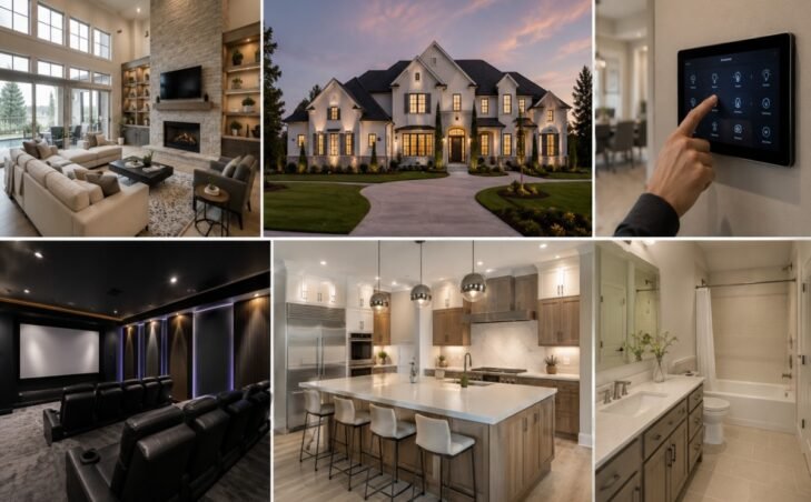 Collage of luxury home features including spacious rooms, smart technology, a private cinema, large kitchen island, and builder-grade finishes.