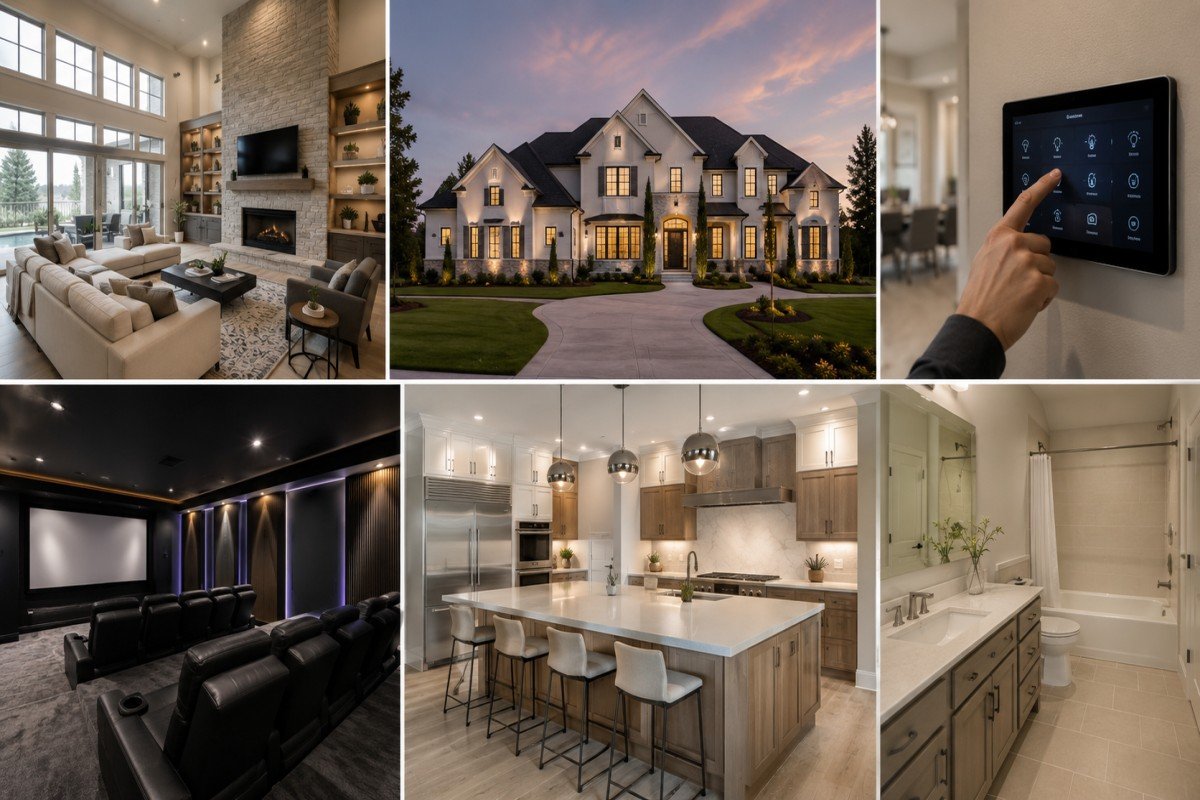 Collage of luxury home features including spacious rooms, smart technology, a private cinema, large kitchen island, and builder-grade finishes.