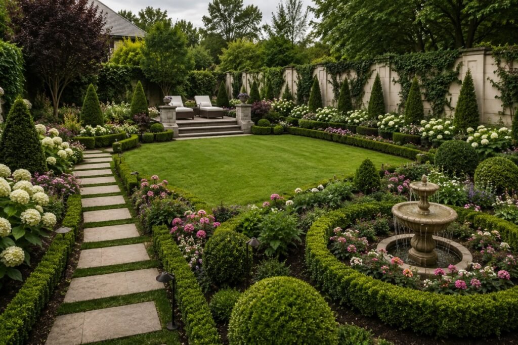 High-maintenance garden with manicured hedges, flower beds, lawn, and fountain.