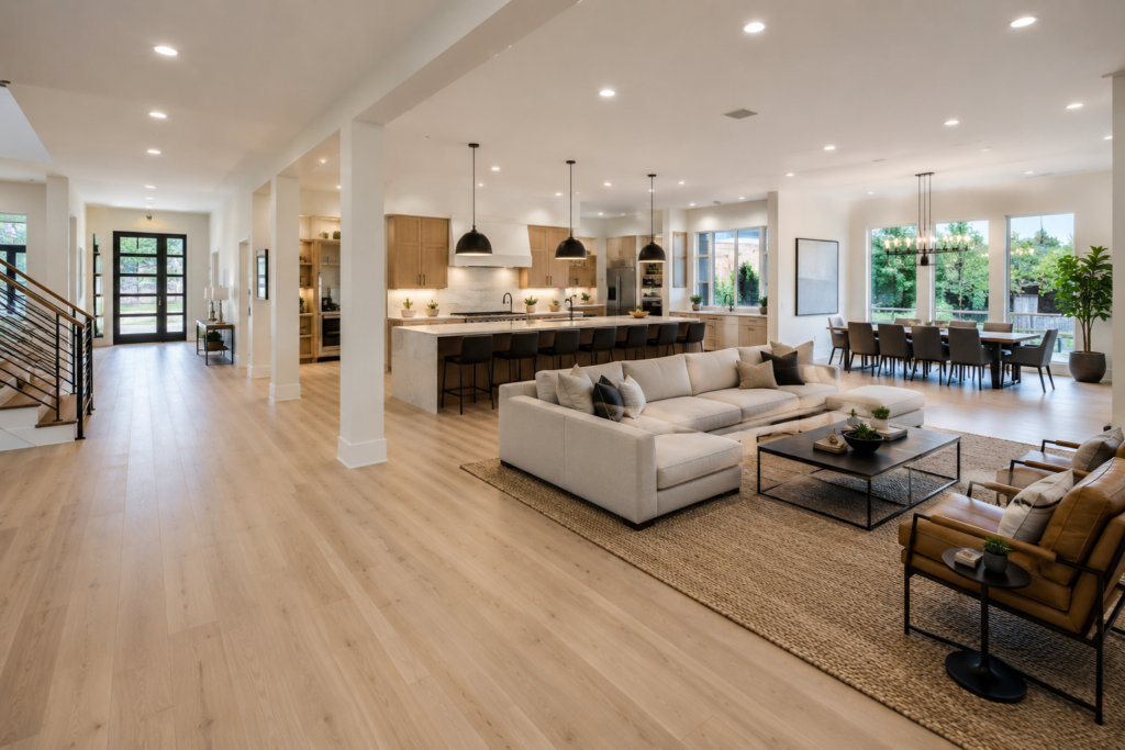 Spacious open-plan home with connected living, kitchen, and dining areas.