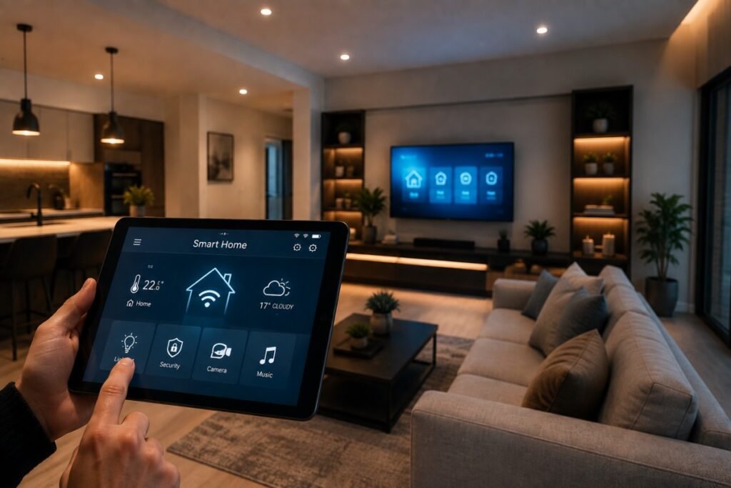 Smart home system controlling lighting, security, and temperature in a modern living room.