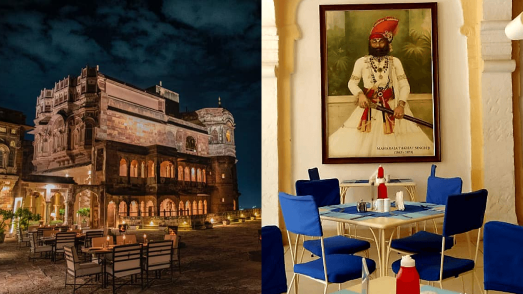 Historic palace building at night alongside a dining area featuring blue chairs and a royal portrait.