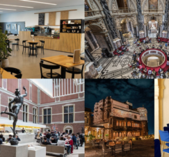 Collage of cafés, restaurants, and historic interiors.