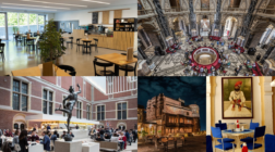 Collage of cafés, restaurants, and historic interiors.