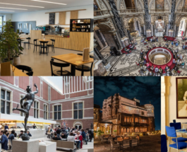 Collage of cafés, restaurants, and historic interiors.