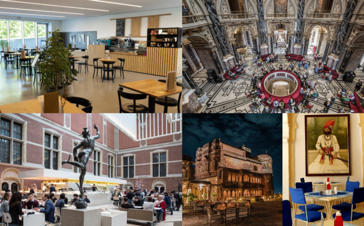 Collage of cafés, restaurants, and historic interiors.