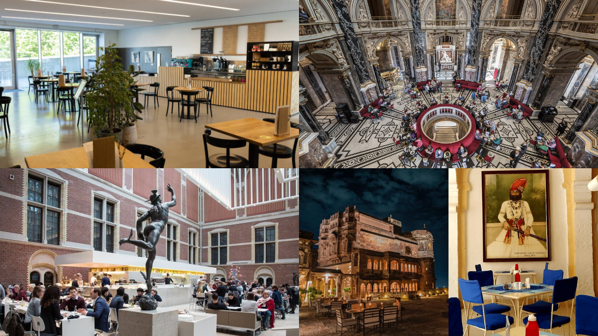 Collage of cafés, restaurants, and historic interiors.