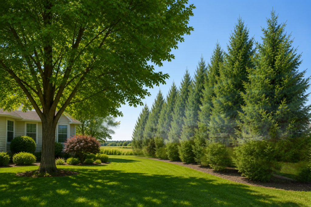 Shade trees creating a natural windbreak around a landscape.
