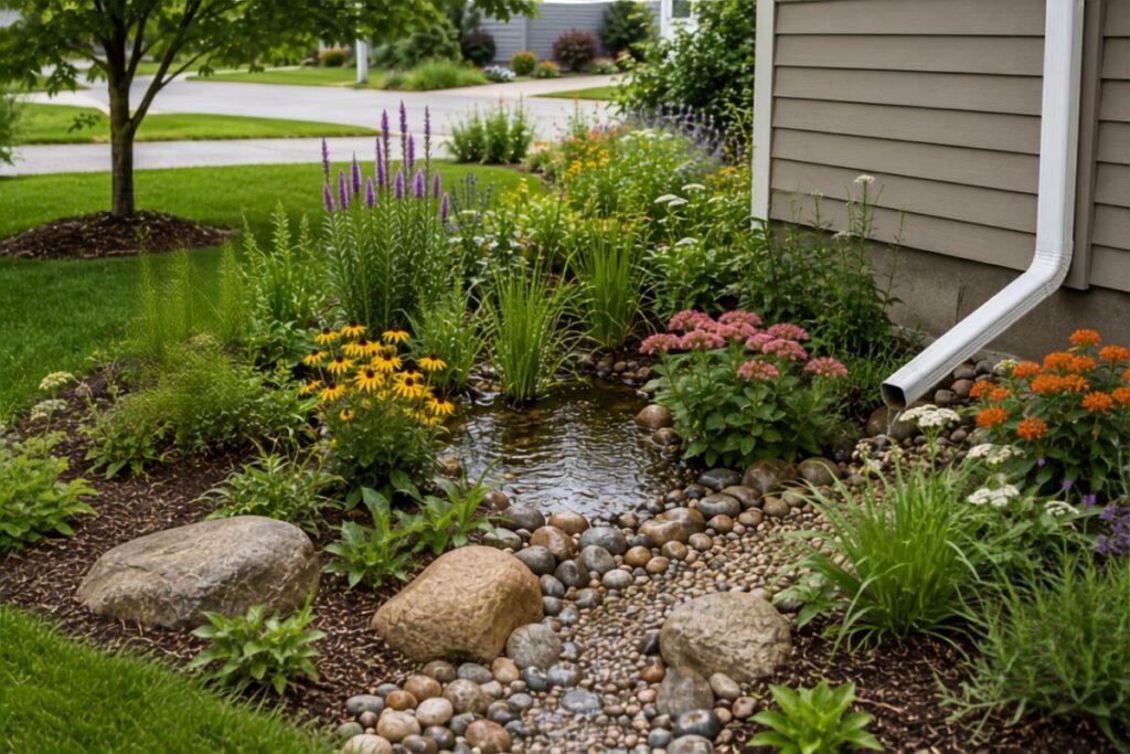 Rain garden with native plants, rocks, and a downspout collecting rainwater.