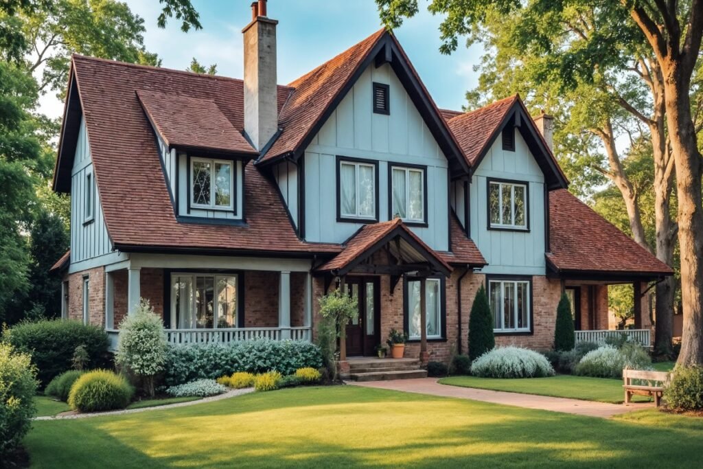 Classic American-style home with landscaped lawn and mature trees.