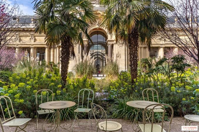 Garden courtyard with palm trees, outdoor café tables, and chairs in front of a historic building.