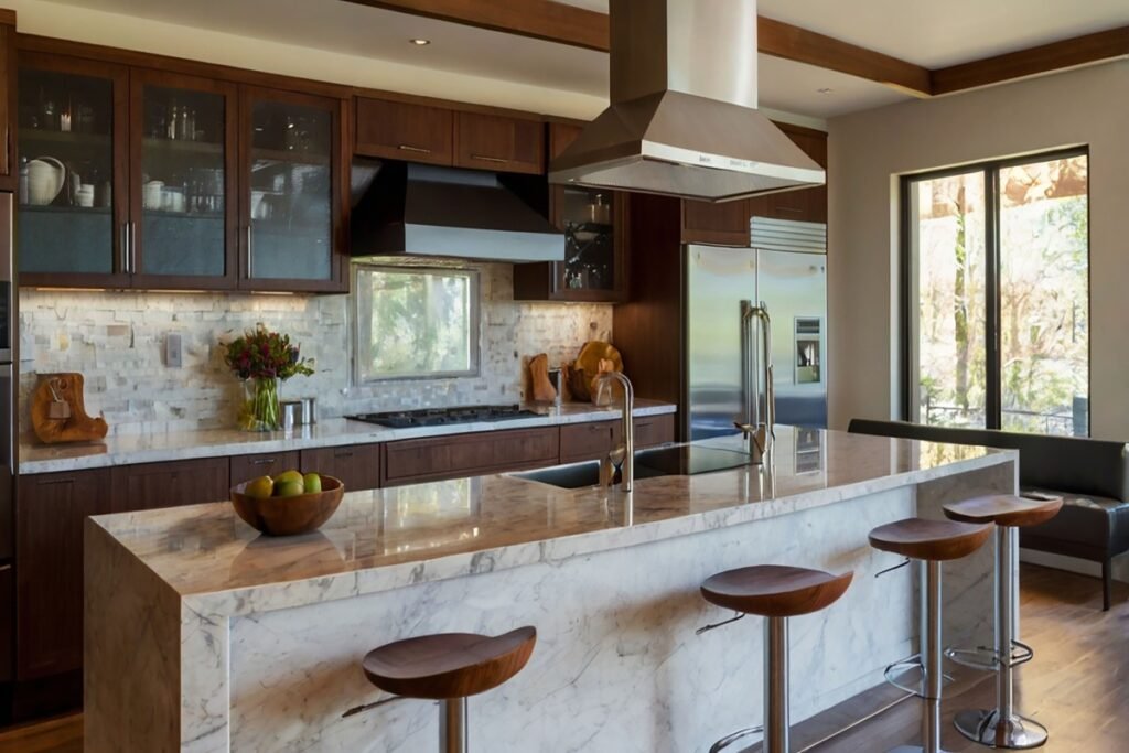 Spacious kitchen with a large marble island, dark wood cabinets, and stainless steel appliances.