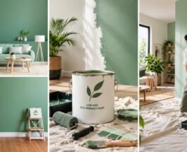 Eco-friendly paint options in a green, sustainable home interior.