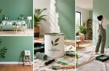 Eco-friendly paint options in a green, sustainable home interior.