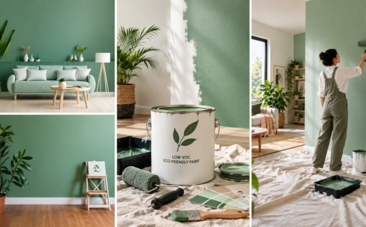 Eco-friendly paint options in a green, sustainable home interior.